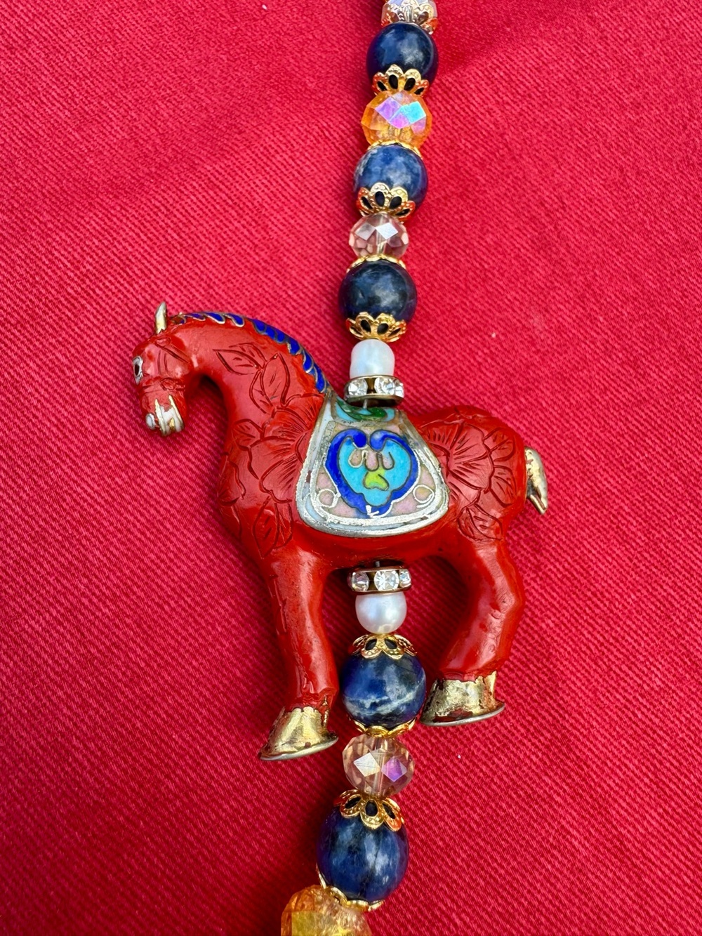 Artisan Cinnabar & Cloisonné Horse with Sodalite & Crackle Glass Beaded Set 🧁 - Picture 3 of 11